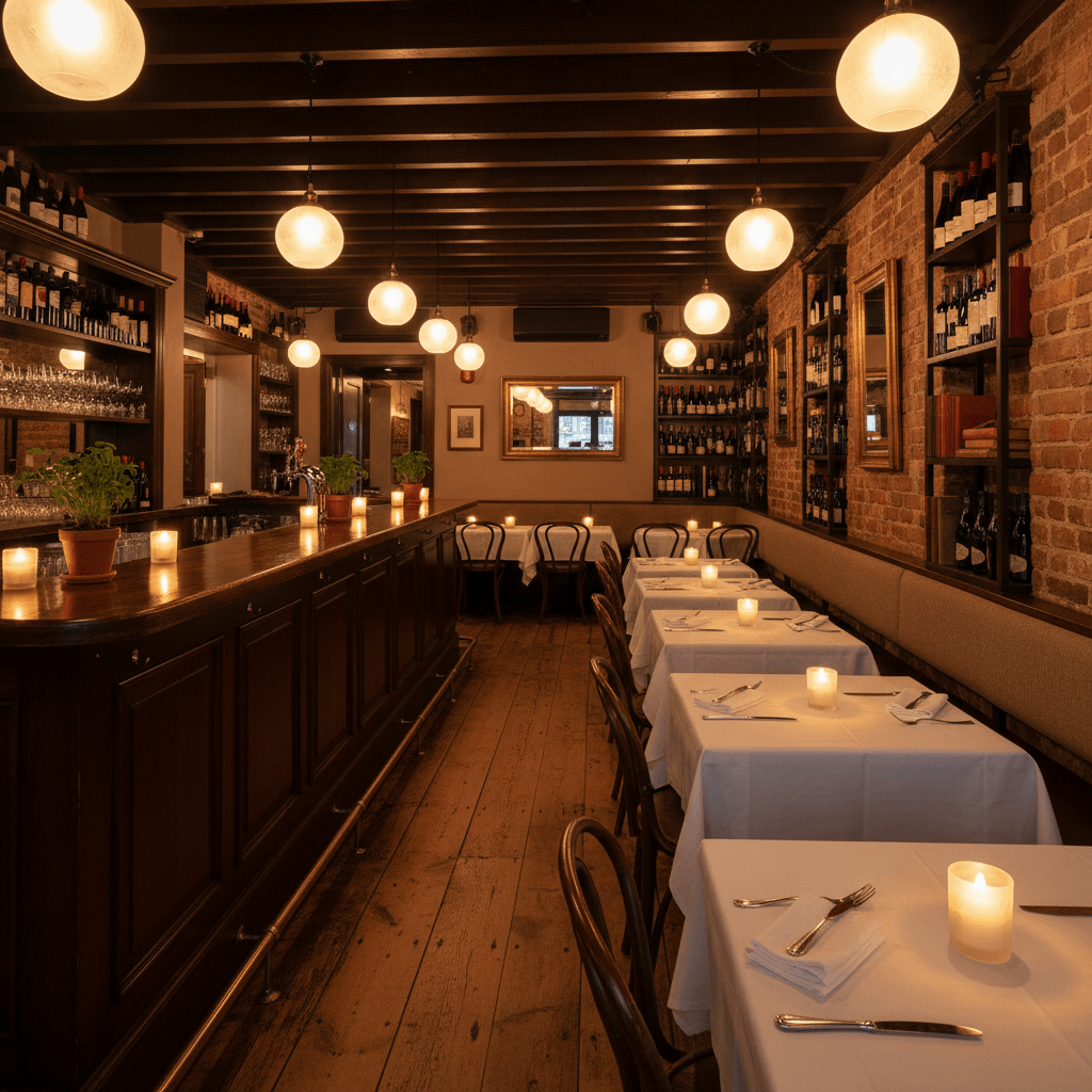 Intimate dining space with warm lighting and custom joinery