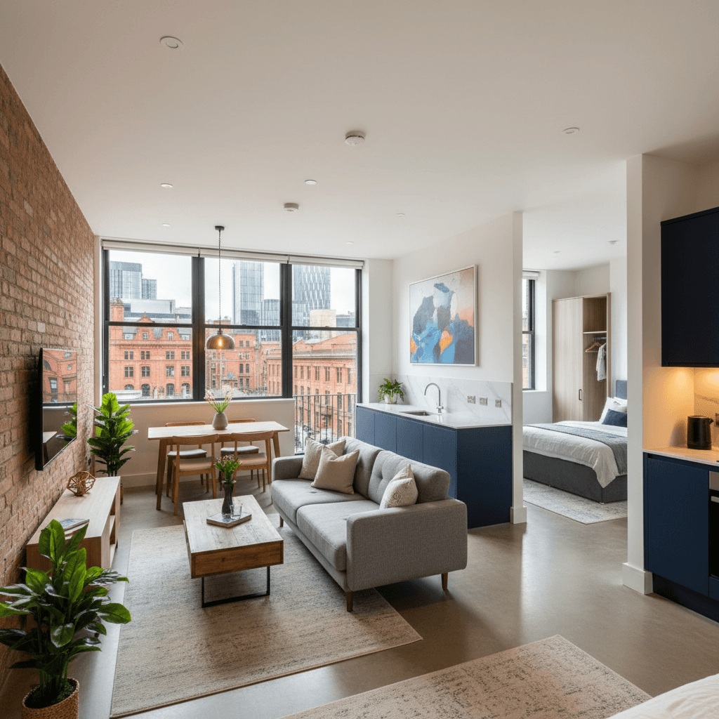 Open-plan living room with minimalist decor and city views