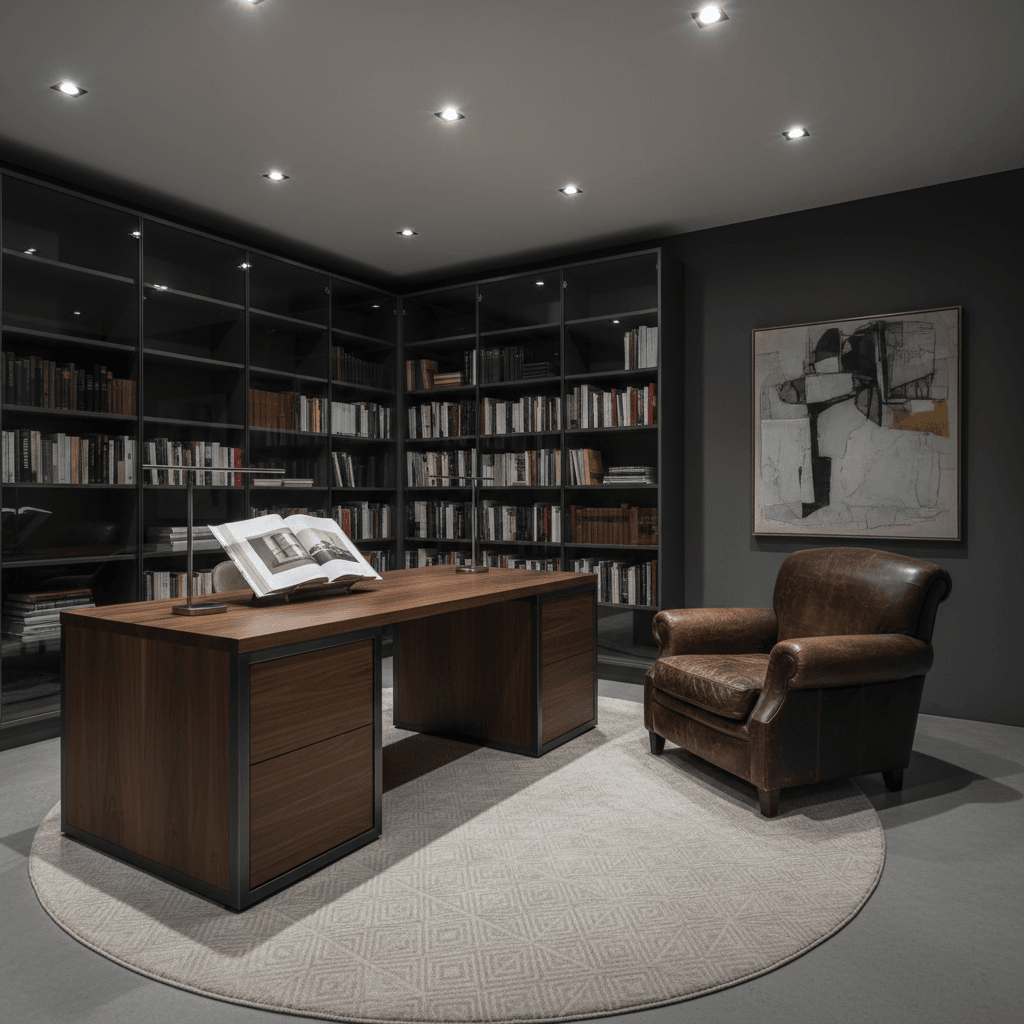 Classic study with dark wood shelves and leather armchair