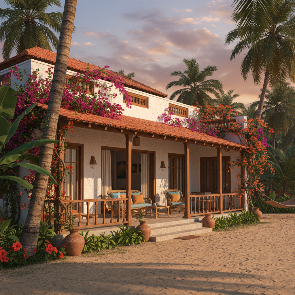 Puri beach house exterior with white-washed walls, veranda, and palm trees facing the Bay of Bengal